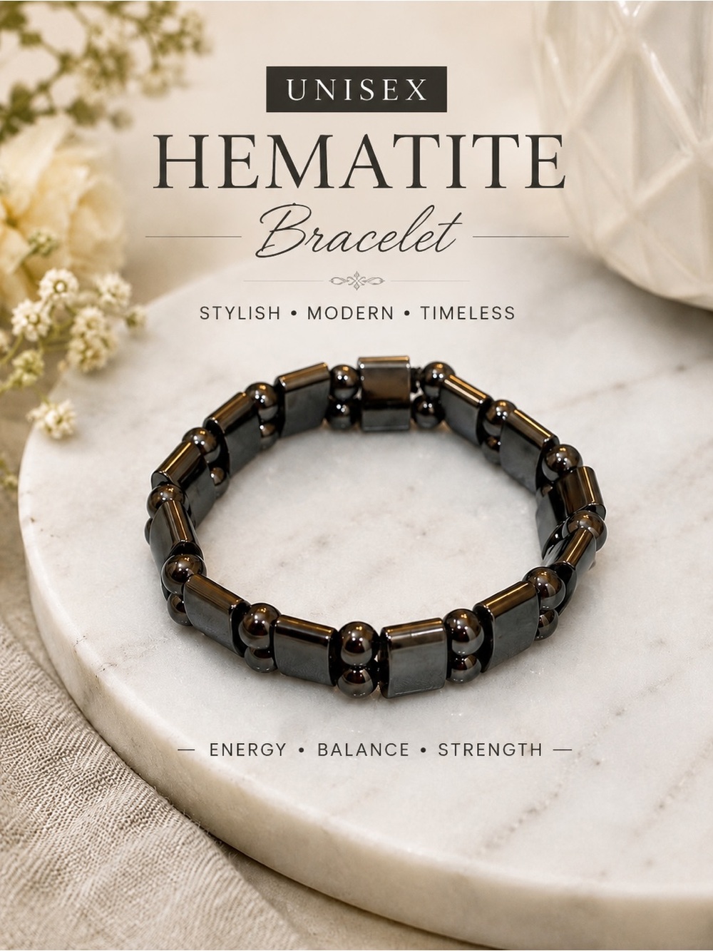 Hematite Double Row Beaded Stretch Bracelet | Gunmetal | Women’s